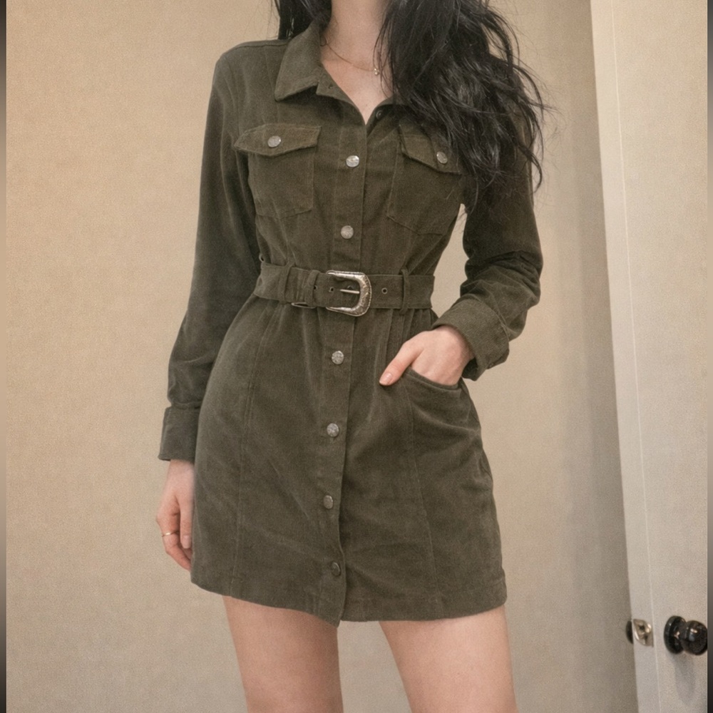 House of Harlow Olive Green Belted Shirt Dress, House of Harlow Corduroy Dress